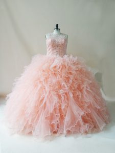 Graceful Peach Scoop Neckline Beading and Ruffles Quinceanera Dress Sleeveless Lace Up