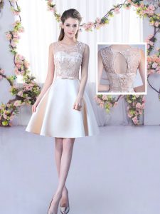 Sumptuous Champagne Sleeveless Lace and Belt Mini Length Dama Dress