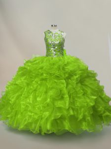 Comfortable Scoop Sleeveless Organza Quinceanera Dresses Ruffles and Sequins Lace Up