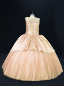 Colorful Peach Sleeveless Floor Length Beading Lace Up Quinceanera Gown