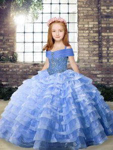 Sleeveless Beading and Ruffled Layers Lace Up Little Girls Pageant Gowns with Blue Brush Train