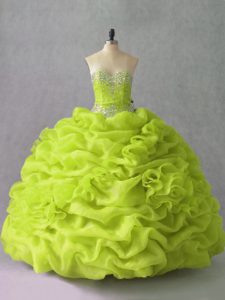 Customized Yellow Green Sleeveless Floor Length Beading and Pick Ups and Hand Made Flower Lace Up Quinceanera Dress