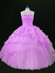 Enchanting Sleeveless Organza Floor Length Lace Up Quinceanera Gowns in Lavender with Beading and Ruffles