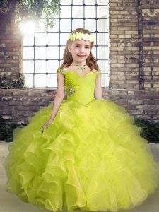 Elegant Yellow Green Ball Gowns Straps Sleeveless Organza Floor Length Lace Up Beading and Ruffles Kids Pageant Dress