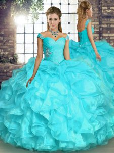 Off The Shoulder Sleeveless Sweet 16 Quinceanera Dress Floor Length Beading and Ruffles Aqua Blue Organza