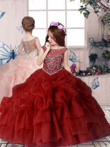 Sleeveless Floor Length Beading and Pick Ups Lace Up Pageant Gowns For Girls with Red