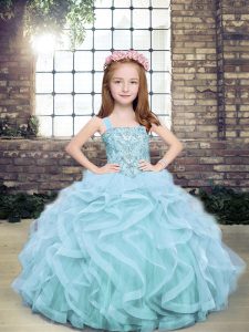 Straps Sleeveless Lace Up Little Girl Pageant Dress Light Blue Tulle