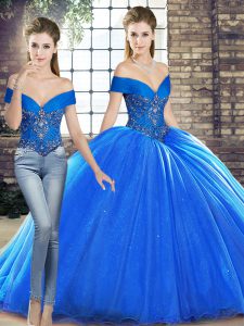 Sleeveless Organza Brush Train Lace Up Sweet 16 Dress in Royal Blue with Beading