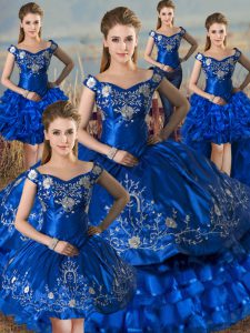Royal Blue Quinceanera Dress Sweet 16 and Quinceanera with Embroidery and Ruffled Layers Off The Shoulder Sleeveless Lace Up