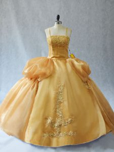 Gold Sleeveless Floor Length Appliques Lace Up Vestidos de Quinceanera