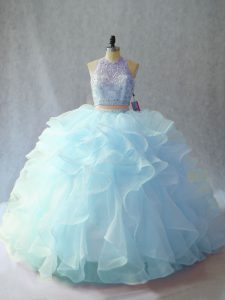 Scoop Sleeveless Organza Vestidos de Quinceanera Beading and Ruffles Brush Train Backless