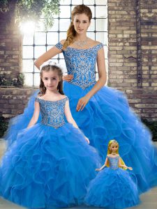 Sleeveless Beading and Ruffles Lace Up Ball Gown Prom Dress with Blue Brush Train