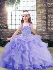 Floor Length Lavender Little Girls Pageant Dress Organza Sleeveless Beading and Ruffles