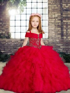 Dazzling Sleeveless Floor Length Beading and Ruffles Lace Up Little Girl Pageant Dress with Red