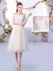 Beauteous Champagne Tulle Lace Up Vestidos de Damas Half Sleeves Ankle Length Lace