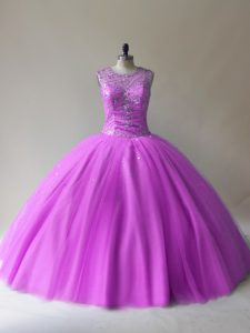 Lilac Ball Gowns Beading Vestidos de Quinceanera Lace Up Tulle Sleeveless Floor Length