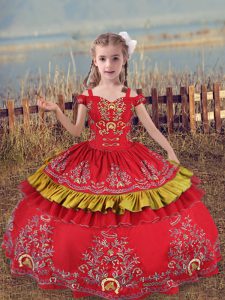 Latest Beading and Embroidery Kids Pageant Dress Red Lace Up Sleeveless Floor Length