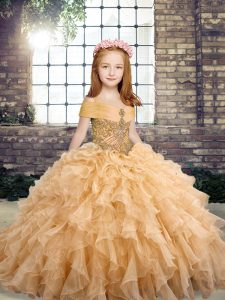 Peach Little Girl Pageant Gowns Party and Military Ball and Wedding Party with Beading and Ruffles Straps Sleeveless Lace Up