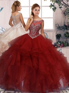 Sleeveless Floor Length Beading and Ruffles Zipper Quinceanera Gowns with Burgundy