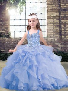 Amazing Lavender Ball Gowns Tulle Straps Sleeveless Beading and Ruffles Floor Length Lace Up Pageant Gowns For Girls