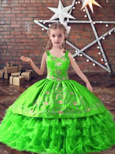 Floor Length Lace Up Little Girls Pageant Dress for Wedding Party with Embroidery and Ruffled Layers