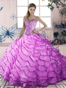 Sweetheart Sleeveless Organza 15th Birthday Dress Beading and Ruffles Brush Train Lace Up