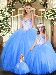 Blue Tulle Lace Up Sweetheart Sleeveless Floor Length Quinceanera Gown Beading