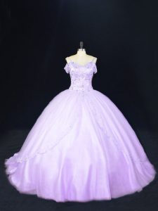 Ideal Lavender Tulle Lace Up 15 Quinceanera Dress Sleeveless Court Train Beading