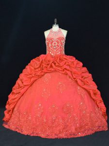 Beading and Appliques and Embroidery Quinceanera Dress Red Lace Up Sleeveless Floor Length