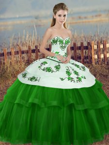 Classical Green Ball Gowns Tulle Sweetheart Sleeveless Embroidery and Bowknot Floor Length Lace Up Vestidos de Quinceanera