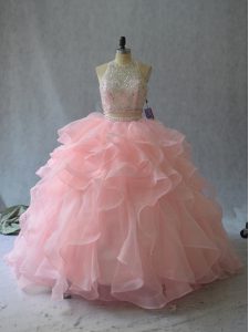 Peach Organza Backless Vestidos de Quinceanera Sleeveless Beading and Ruffles