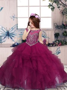 Fuchsia Zipper Kids Formal Wear Beading and Ruffles Sleeveless Floor Length