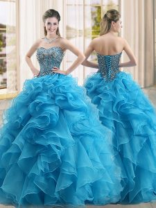 Baby Blue Organza Lace Up Sweetheart Sleeveless Floor Length Quinceanera Dress Beading and Ruffles