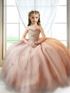 Floor Length Pink Little Girls Pageant Gowns Tulle Sleeveless Beading and Appliques