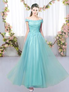 Attractive Aqua Blue Empire Off The Shoulder Sleeveless Tulle Floor Length Lace Up Lace Dama Dress for Quinceanera