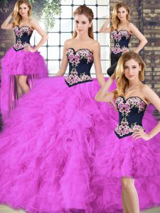 Fuchsia Sweetheart Neckline Beading and Embroidery Quinceanera Gown Sleeveless Lace Up