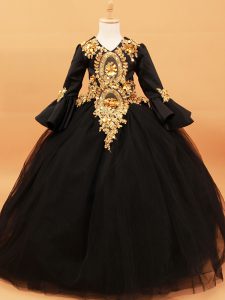Floor Length Pageant Gowns Black for Wedding Party with Beading and Appliques