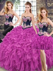 Fuchsia Organza Lace Up Sweetheart Sleeveless Floor Length Vestidos de Quinceanera Embroidery and Ruffles