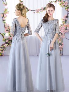 Best Grey Empire Tulle Scoop Half Sleeves Lace Floor Length Lace Up Damas Dress