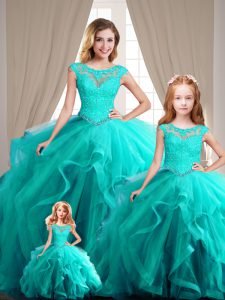 Free and Easy Aqua Blue Ball Gowns Beading Quinceanera Dresses Lace Up Cap Sleeves