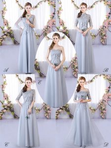 Best Floor Length Lace Up Dama Dress Grey for Prom and Party and Wedding Party with Appliques