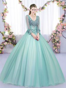 Apple Green Tulle Lace Up V-neck Long Sleeves Floor Length Quinceanera Gowns Lace and Appliques