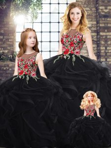 Black Zipper Quince Ball Gowns Sleeveless Floor Length Embroidery and Ruffles