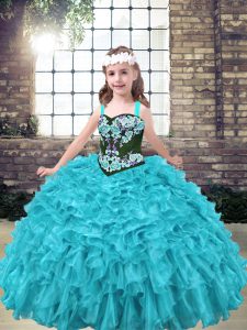 Floor Length Lace Up Pageant Dress Toddler Aqua Blue and Turquoise for Party and Wedding Party with Embroidery and Ruffles