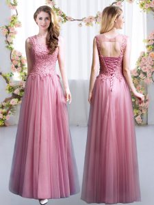 Charming Empire Quinceanera Dama Dress Pink Scoop Tulle Sleeveless Floor Length Lace Up