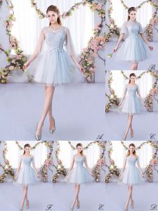 Fantastic Scoop 3 4 Length Sleeve Lace Up Dama Dress for Quinceanera Grey Tulle