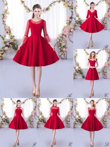 Spectacular Satin Scoop 3 4 Length Sleeve Zipper Ruching Quinceanera Dama Dress in Red