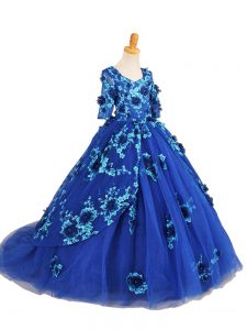 Zipper Pageant Gowns Blue for Wedding Party with Beading and Appliques Brush Train