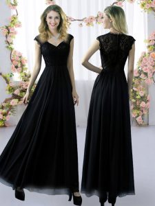 Black Damas Dress Prom and Party and Wedding Party with Lace V-neck Cap Sleeves Zipper