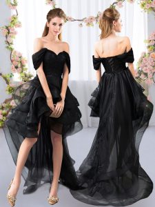 New Arrival Black Short Sleeves Lace and Ruffled Layers High Low Quinceanera Court Dresses